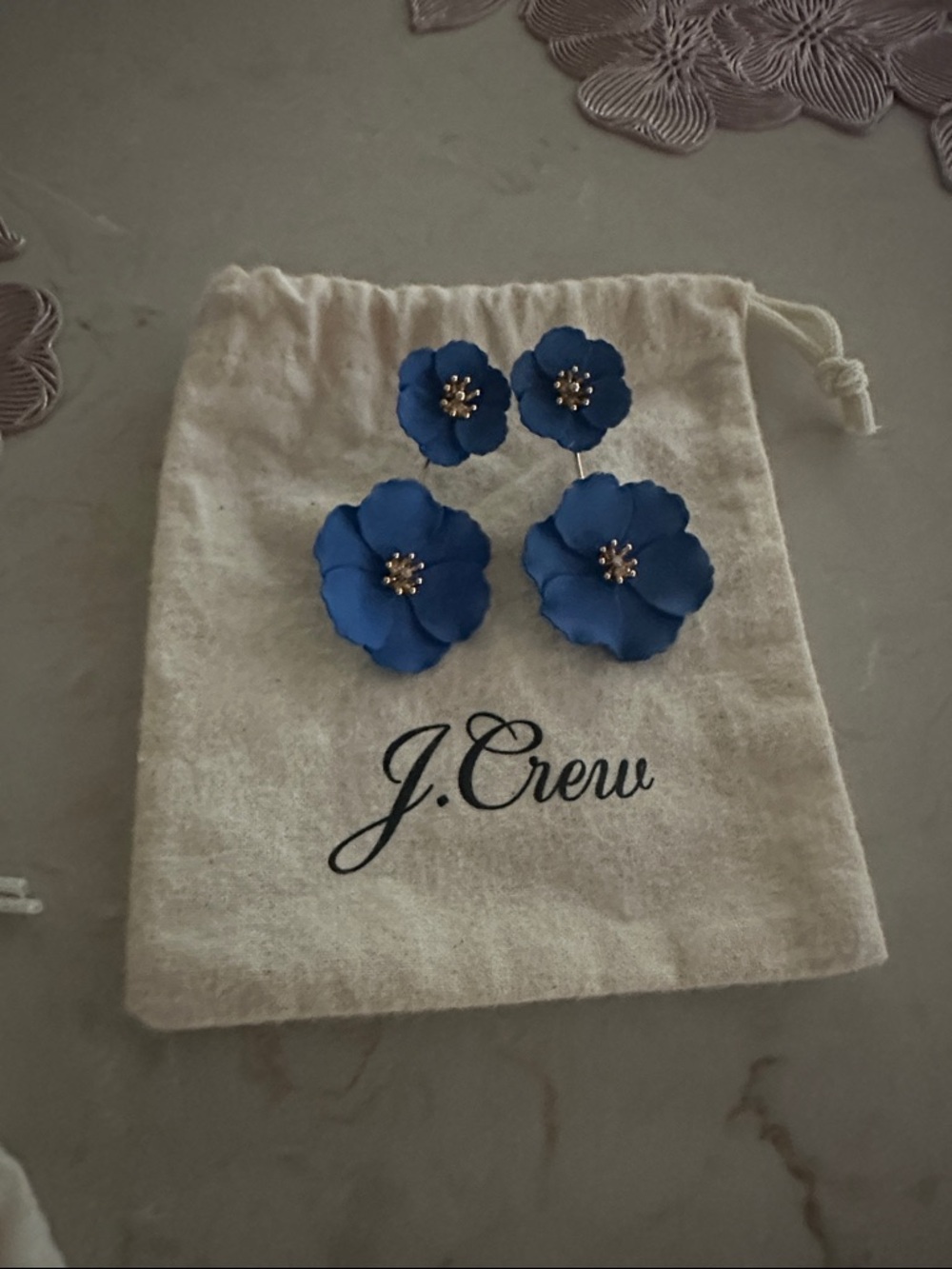 J. Crew Royal Blue Layered Flower Drop Earrings with Gold Centers